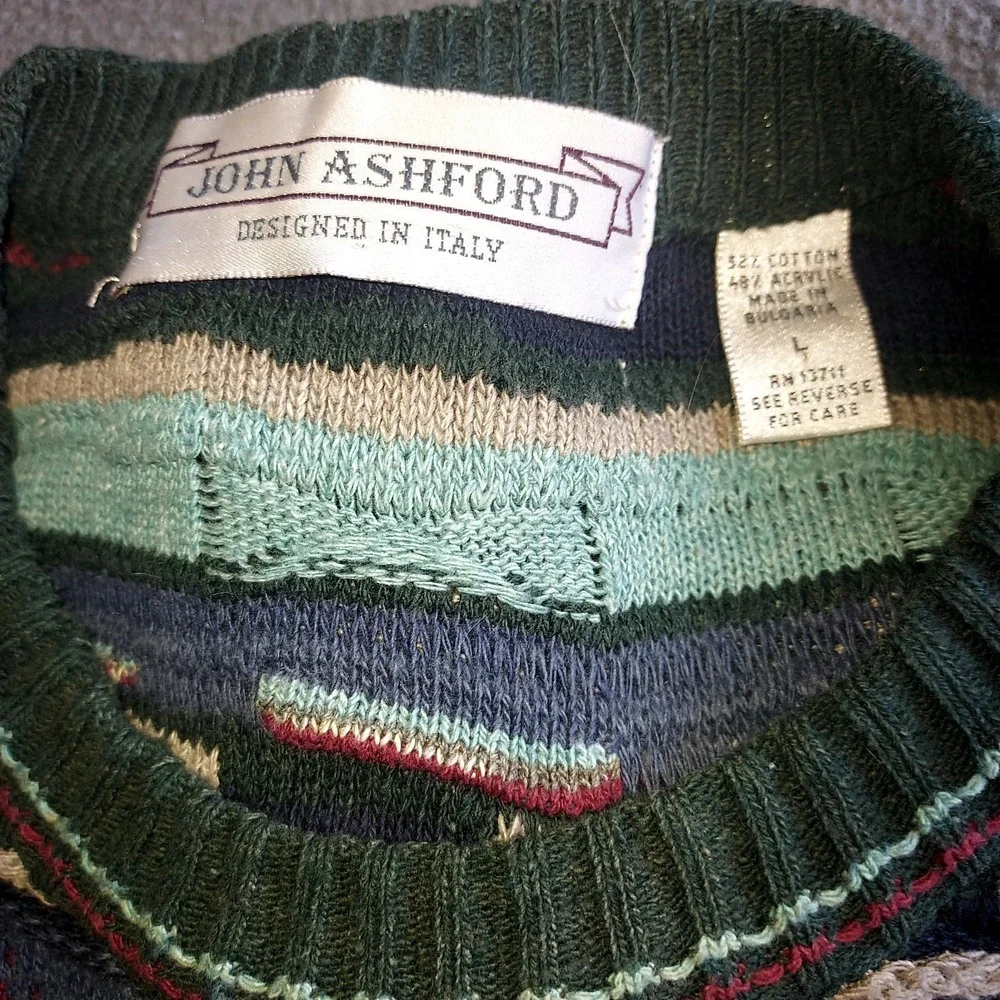 Vintage‎ Coogi Style 3D Knit Sweater Size Large John Ashford Rainbow Multicolor